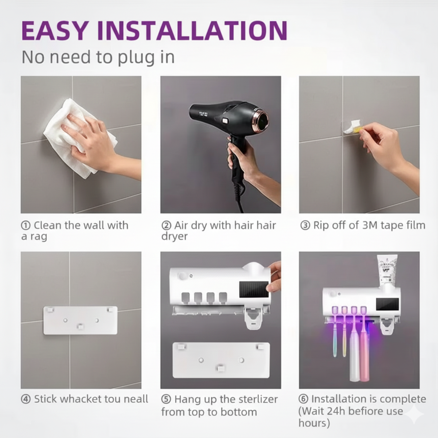 Step-by-step installation guide for a UV toothbrush sterilizer on a tiled wall.