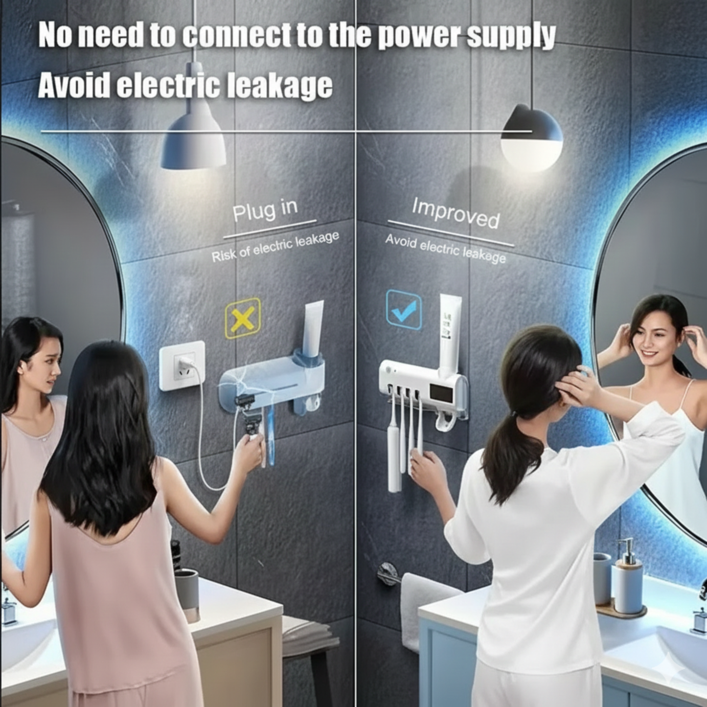 Bathroom setting with a woman using a toothbrush holder, highlighting the need for power supply and electric leakage risks.
