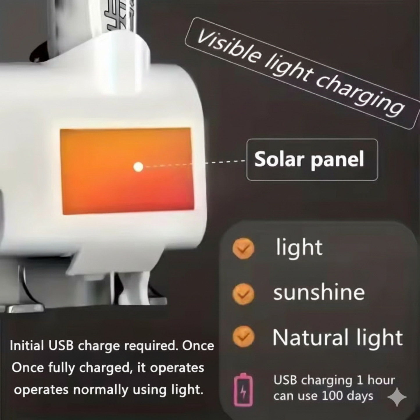 Solar panel with visible light charging feature and text explaining its operation.