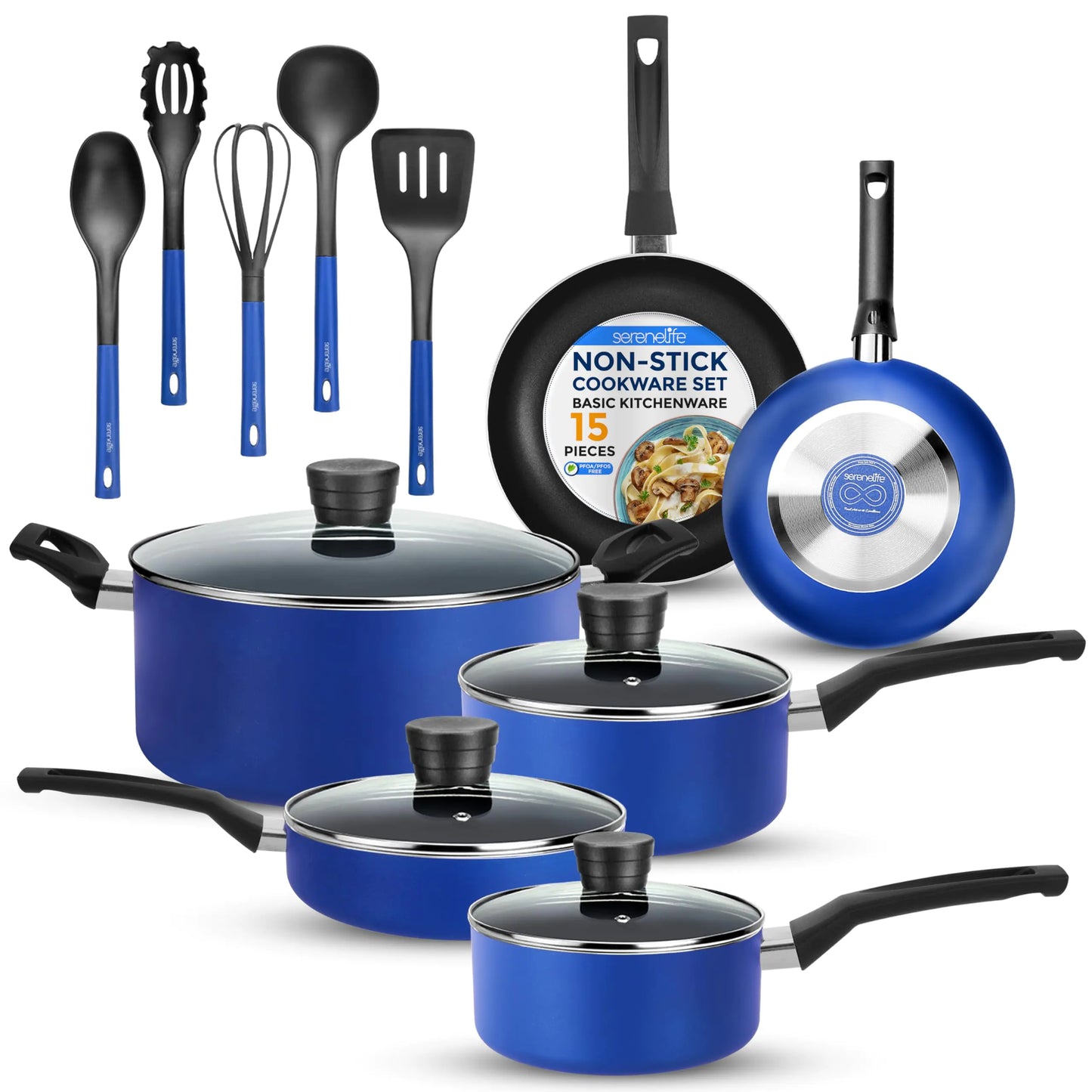 SereneLife 15-Piece Non-Stick Cookware Set Blue