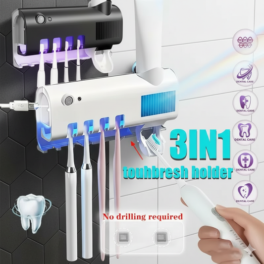Wall-mounted toothbrush sanitizer with blue UV light sterilization technology and solar charging panel.