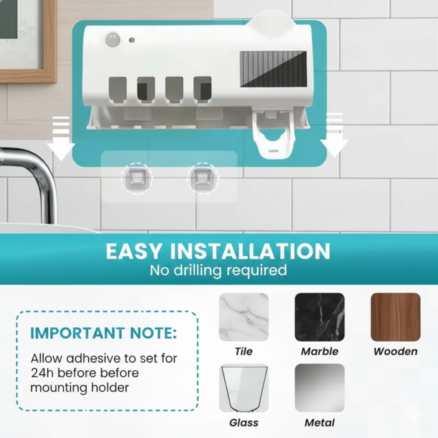 Wall-mounted holder installation guide with adhesive application instructions on a tiled wall.